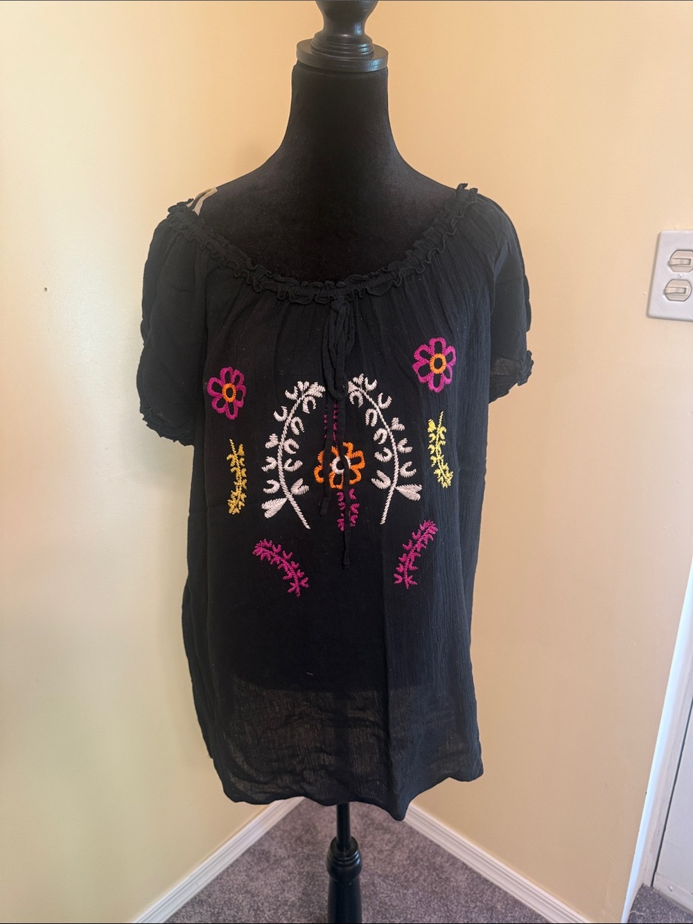 L.A. Blues Black Peasant Blouse with Pink, Orange & Yellow Embroidery